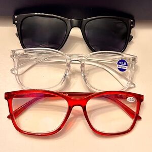 New (2) Blue Light Readers + (1) Full Reader Sunglasses +2.0